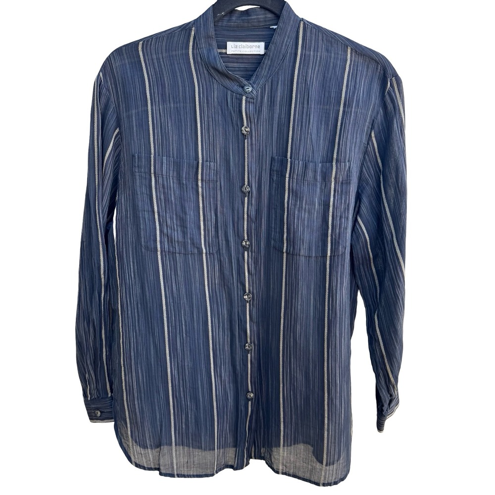 Liz Claiborne Vintage Coastal Minimalist Striped Mandarin Collar Gauze Shirt